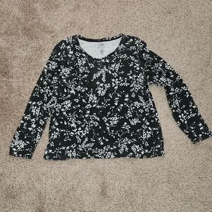 Croft & Barrow Black and White Floral Long Sleeve Shirt Women's Size XL